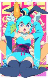 Rule 34 | 1girl, 2023, aetherion, ahoge, animal ears, aqua eyes, aqua hair, aqua leotard, black thighhighs, blue gloves, blush stickers, breasts, chinese zodiac, cleavage, detached sleeves, fake animal ears, gloves, gun, highres, holding, holding gun, holding weapon, japanese clothes, looking at viewer, medium breasts, multicolored eyes, obi, open mouth, original, pink eyes, sandals, sash, short hair, solo, space girl (aetherion), thighhighs, weapon, wide sleeves, year of the rabbit, zouri