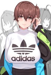 Rule 34 | 3girls, adidas, alternate costume, blue jacket, breasts, brown eyes, brown hair, franham, highres, huge breasts, jacket, jewelry, kaga (kancolle), kantai collection, long hair, looking at viewer, multiple girls, open clothes, open jacket, print shirt, ring, shirt, short sidetail, side ponytail, smile, solo focus, wedding band, white shirt