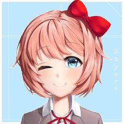 Rule 34 | 1girl, ;), blue background, blue eyes, bow, character name, commentary, doki doki literature club, english commentary, hair bow, heart, heart in eye, looking at viewer, one eye closed, outline, pink hair, portrait, red bow, sasoura, sayori (doki doki literature club), short hair, signature, simple background, smile, solo, symbol in eye, white outline