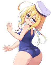 Rule 34 | 1girl, ahoge, ass, bare arms, bare shoulders, blonde hair, blue eyes, blue one-piece swimsuit, blush, breasts, closed mouth, cowboy shot, glasses, hair between eyes, hat, highres, i-8 (kancolle), kantai collection, kurokoshou (emuburemu123), large breasts, long hair, looking at viewer, looking back, low twintails, name tag, one-piece swimsuit, red-framed eyewear, ribbon, sailor hat, school swimsuit, semi-rimless eyewear, simple background, smile, solo, swimsuit, twintails, under-rim eyewear, white background, white hat