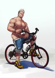 Rule 34 | 1boy, abs, ass, bara, bicycle, blue shorts, bracelet, clothes pull, erection, facial hair, full body, groin, highres, jewelry, large pectorals, looking at viewer, male focus, male pubic hair, mature male, muscular, muscular male, navel, nipple piercing, nipple rings, nipples, original, pectorals, penis, piercing, precum, pubic hair, pulled by self, selkiro, shoes, short hair, shorts, shorts pull, sideburns, smirk, smug, sneakers, solo, stomach, stubble, topless male, uncensored, undercut