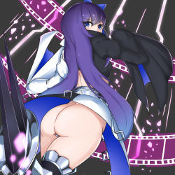 Rule 34 | 10s, 1girl, ass, blue eyes, bow, butt crack, crotch plate, fate/extra, fate/extra ccc, fate (series), from behind, gluteal fold, hair bow, highres, jibako, long hair, long sleeves, looking at viewer, looking back, meltryllis (fate), meltryllis (second ascension) (fate), purple eyes, purple hair, solo, spikes, thighs