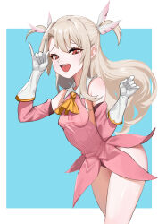 Rule 34 | 1girl, \m/, absurdres, armpit crease, ascot, bare legs, bare shoulders, blonde hair, blue background, border, breasts, clenched hand, collared dress, detached sleeves, dress, fate/kaleid liner prisma illya, fate (series), feather hair ornament, feathers, gloves, hair ornament, highres, illyasviel von einzbern, knee up, leaning forward, light blush, long hair, looking at viewer, magical girl, open mouth, outside border, pink dress, pink sleeves, prisma illya, red eyes, shiny skin, sillon, simple background, sleeveless, sleeveless dress, small breasts, solo, standing, white border, white gloves, yellow ascot