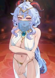 Rule 34 | absurdres, blue hair, center opening, esencey, ganyu (genshin impact), genshin impact, gold necklace, hair ornament, heart, heart-shaped pupils, highres, horns, jewelry, long hair, mouth veil, navel, necklace, pelvic curtain, symbol-shaped pupils, tongue, tongue out, veil