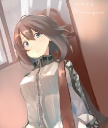 Rule 34 | 1girl, bag, black hair, commentary request, dated, dutch angle, green eyes, hayasui (kancolle), highres, jacket, jamiro quaison, kantai collection, looking at viewer, one-hour drawing challenge, pleated skirt, short hair, skirt, smile, solo, track jacket, turtleneck, twitter username, upper body, white jacket