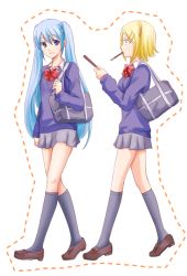 Rule 34 | 2girls, bag, blonde hair, blue eyes, blue hair, bow, bowtie, dotted line, eating, food, hairband, hatsune miku, kagamine rin, kagamitora, kneehighs, loafers, long hair, mouth hold, multiple girls, pocky, school uniform, shoes, skirt, socks, sweater, twintails, very long hair, vocaloid, walking