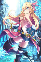 Rule 34 | 1girl, armor, armored boots, ass, bad id, bad pixiv id, bare back, belt, black thighhighs, blonde hair, blue eyes, boots, breasts, butt crack, fingerless gloves, gloves, hairband, highres, long hair, looking at viewer, looking back, loup, no bra, no panties, original, sideboob, smile, solo, sword, thigh strap, thighhighs, weapon