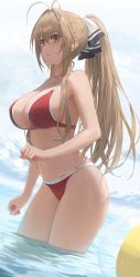 Rule 34 | 1girl, absurdres, amagi brilliant park, antenna hair, bare shoulders, bikini, blush, breasts, brown eyes, brown hair, cleavage, collarbone, free style (yohan1754), from side, highres, large breasts, long hair, looking to the side, navel, o-ring, o-ring bikini, ponytail, red bikini, sento isuzu, solo, swimsuit, wading