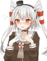 Rule 34 | 1girl, amatsukaze (kancolle), ascot, brown dress, brown neckwear, cocoperino, commentary request, dress, fingers together, gloves, grey ascot, hair tubes, kantai collection, lifebuoy ornament, long hair, neck ribbon, ribbon, sailor collar, sailor dress, silver hair, simple background, single glove, solo, twintails, upper body, white background, white gloves, white sailor collar