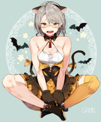 Rule 34 | 1girl, absurdres, animal ears, armpit crease, artist name, bare arms, bare legs, bare shoulders, bat (animal), black footwear, breasts, brown eyes, brown gloves, cat ears, cleavage, collarbone, earrings, fangs, garin, girls&#039; frontline, glasses, gloves, grey hair, halterneck, highres, indian style, jewelry, kemonomimi mode, light particles, medium breasts, miniskirt, official alternate costume, open mouth, pleated skirt, semi-rimless eyewear, shirt, shoes, short hair, sidelocks, single thighhigh, sitting, skirt, sleeveless, sleeveless shirt, solo, star (symbol), thighhighs, vector (girls&#039; frontline), vector (kitty paws) (girls&#039; frontline), white shirt, yellow-framed eyewear, yellow skirt, yellow thighhighs