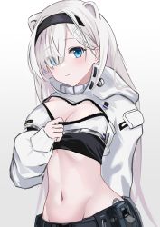 Rule 34 | 1girl, absurdres, animal ears, arknights, aurora (arknights), bear ears, black hairband, black shirt, blue eyes, blush, breasts, cleavage, cleavage cutout, clothing cutout, commentary, crop top, cropped jacket, gradient background, grey background, groin, hair over one eye, hairband, highres, jacket, large breasts, long hair, long sleeves, looking at viewer, midriff, navel, nekomatamago, shirt, smile, solo, stomach, upper body, very long hair, white hair, white jacket
