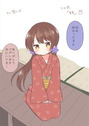 Rule 34 | 1girl, artist name, bad id, bad twitter id, blush, brown hair, commentary request, flower, hair flower, hair ornament, hands on lap, japanese clothes, kimono, obi, original, saku usako (rabbit), sash, seiza, sitting, smile, solo, tatami, translation request, twintails, wide sleeves, yellow eyes