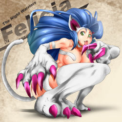 Rule 34 | 1girl, :3, animal ears, animal hands, bad id, bad pixiv id, big hair, blue eyes, blue hair, breasts, capcom, cat ears, cat tail, character name, choker, claws, felicia (vampire), full body, fur, green eyes, hairband, highres, large breasts, licking, long hair, maaru, matching hair/eyes, saliva, smile, solo, squatting, tail, thighhighs, tongue, vampire (game)