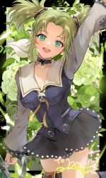Rule 34 | 1girl, absurdres, artist name, breasts, choker, commission, droite (tales), flower, green eyes, green hair, hair rings, happy, highres, holding, holding weapon, medium breasts, open mouth, plant, short hair, signature, skirt, skull brooch, smile, solo, sword, tales of (series), tales of vesperia, thigh ring, twintails, wawatiku, weapon