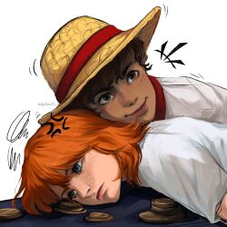 Rule 34 | 1boy, 1girl, anger vein, brown hair, closed mouth, freckles, frown, green eyes, highres, leslychoco15, medium hair, monkey d. luffy, nami (one piece), one piece, one piece (live action), orange hair, scar, scar on face, shirt, short hair, simple background, smile, upper body, white background, white shirt