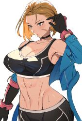 Rule 34 | 1girl, absurdres, adjusting hair, antenna hair, black choker, blonde hair, blue eyes, breasts, cammy white, choker, cleavage, gloves, hifumi chiyoko, highres, jacket, jacket partially removed, large breasts, midriff, pants, scar, scar on face, short hair, solo, sports bra, street fighter, street fighter 6, white background, yoga pants
