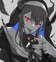 Rule 34 | 1girl, asymmetrical horns, black hair, blue hair, breasts, colored inner hair, demon horns, habit, hair ornament, highres, hirasawa izumi, hololive, hololive english, horns, long hair, looking at viewer, medium breasts, mole, mole under eye, multicolored hair, nerissa ravencroft, nun, official alternate costume, partially colored, red eyes, solo, two-tone hair, uneven horns, virtual youtuber