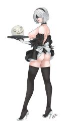 Rule 34 | 1girl, alternate costume, ass, back bow, bare shoulders, black blindfold, black dress, black hairband, black thighhighs, blindfold, bow, bra, breasts, choker, dress, elbow gloves, emil (nier), feather-trimmed sleeves, frilled choker, frills, gloves, hairband, high heels, highres, holding, holding tray, large breasts, nier (series), nier:automata, sideboob, silver hair, sinccubi, thighhighs, tray, two-tone gloves, underwear, white background, white bow, white footwear, 2b (nier:automata)