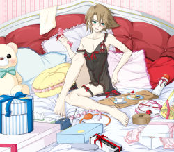 Rule 34 | 10s, 1boy, barefoot, bed, blush, brown hair, cardfight!! vanguard, dildo, gift, green eyes, highres, kai toshiki, looking away, male focus, muscular, nipples, pillow, sex toy, solo, tagme, tissue