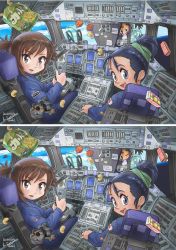 Rule 34 | 3girls, :d, black eyes, black hair, brown eyes, brown hair, chips (food), commentary, dashboard, floating, food, fuzzy dice, highres, japanese flag, kiichi, looking at viewer, multiple girls, one eye closed, open mouth, original, pilot, piloting, ponytail, potato chips, signature, sitting, smile, space shuttle, spacecraft, spacecraft interior, spacesuit, spot the differences, stuffed animal, stuffed toy, thumbs up, twintails, zero gravity