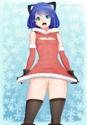 Rule 34 | 10s, 1girl, animal ears, blue hair, breasts, cat ears, christmas, cleavage, cyan (show by rock!!), elbow gloves, fangs, female focus, from below, gloves, green eyes, highres, looking at viewer, necrosmos, open mouth, pussy, shiny skin, show by rock!!, snowflake background, snowflakes, solo, standing, testicles, thighhighs, uncensored