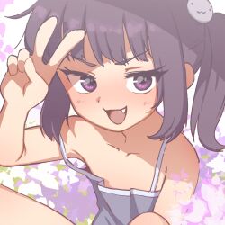 Rule 34 | 1girl, armpits, bare shoulders, blush, brown hair, camisole, collarbone, dot nose, fang, flat chest, flower, grass, grey camisole, hair ornament, hand up, highres, long hair, looking at viewer, open mouth, orenji (wholesomeorenji), original, outdoors, purple eyes, side ponytail, sidelocks, smile, solo, straight hair, tsurime, upper body, v-shaped eyebrows, v over eye, white flower