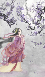 Rule 34 | 1girl, black eyes, black hair, branch, calligraphy brush (medium), facial mark, flower, forehead mark, full body, grey background, hair flower, hair ornament, hand up, highres, long hair, looking to the side, luna ouyang, moon, original, outdoors, petals, plum, plum blossoms, solo, standing, very long hair