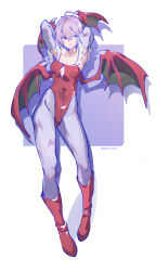 Rule 34 | 1girl, absurdres, ahoge, armpits, arms behind head, arms up, bat wings, black wings, blue pantyhose, boots, breasts, collarbone, hair between eyes, head wings, highres, huanxiang huifeng, leotard, lilith aensland, looking at viewer, pantyhose, purple background, purple eyes, purple hair, red footwear, red leotard, small breasts, solo, strapless, strapless leotard, twitter username, two-tone background, vampire (game), white background, wings