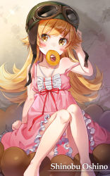 Rule 34 | 1girl, against wall, aviator cap, bad id, bad pixiv id, bakemonogatari, bare arms, bare shoulders, barefoot, between legs, blonde hair, blush stickers, brown-framed eyewear, chagoon, character name, child, collarbone, crack, cracked wall, dress, fang, feet out of frame, frilled dress, frills, glint, goggles, goggles on headwear, hand in own hair, hand up, head tilt, highres, knees together feet apart, long hair, monogatari (series), mouth hold, oshino shinobu, pink dress, shade, sitting, solo, strap slip, sundress, sunlight, tareme, very long hair, yellow eyes