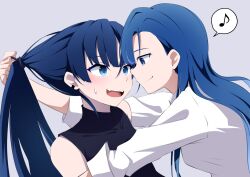 Rule 34 | 2girls, ado (utaite), black shirt, blue eyes, blue hair, breasts, closed mouth, cloud nine inc, collared shirt, commentary request, earclip, earrings, eye contact, fang, grey background, hair between eyes, highres, jewelry, leaning forward, long hair, looking at another, medium breasts, merry (ado), multiple girls, musical note, naima (ado), nori (norinori yrl), open mouth, ponytail, readymade (ado), removing hair tie, shirt, sleeveless, sleeveless shirt, smile, spoken musical note, teeth, untying hair, upper body, upper teeth only, usseewa, voice actor connection, white shirt, yuri