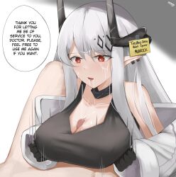 Rule 34 | 1boy, 1girl, arknights, bare shoulders, black gloves, black sports bra, breasts, censored, cleavage, collar, collarbone, cum, cum on hair, earrings, english text, eroborne, facial, gloves, grey hair, heart, heart-shaped pupils, hetero, highres, infection monitor (arknights), jewelry, large breasts, long hair, long sleeves, mosaic censoring, mudrock (arknights), note, off shoulder, open mouth, paizuri, paizuri under clothes, penis, pointy ears, red eyes, saliva, solo focus, sports bra, symbol-shaped pupils, upper body, very long hair