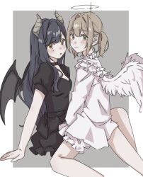 2girls angel_and_devil angel_wings azusawa_kohane black_choker black_dress blush border brown_eyes brown_hair choker commentary_request demon_horns demon_wings dress grey_background halo horns long_sleeves multiple_girls nyan_0326 parted_lips project_sekai shiraishi_an shirt short_sleeves simple_background sitting sitting_on_lap sitting_on_person smile twintails white_border white_shirt wings yuri