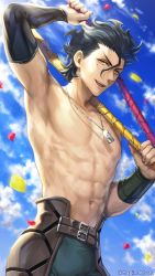 Rule 34 | 1boy, :d, arm up, black hair, blue sky, brown eyes, cloud, collarbone, commentary request, day, diarmuid ua duibhne (lancer) (fate), diarmuid ua duibhne (saber) (fate), dual wielding, fate/grand order, fate/zero, fate (series), gae buidhe (fate), gae dearg (fate), glint, hagino kouta, hair between eyes, hand up, highres, holding, holding polearm, holding spear, holding weapon, looking at viewer, male focus, mole, mole under eye, navel, open mouth, outdoors, petals, polearm, sky, smile, solo, spear, topless male, twitter username, v-shaped eyebrows, weapon