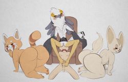 Rule 34 | 1boy, 3girls, aggressive retsuko, all fours, animal ears, armchair, ass, back, beak, bird girl, bird wings, blush stickers, bottomless, brown fur, chair, cleft of venus, closed eyes, closed mouth, collar, completely nude, eyelashes, feathers, fenneko, footjob, fox ears, fox girl, fox tail, furry, furry female, gluteal fold, half-closed eyes, hand on own chin, knees apart feet together, looking back, multiple girls, nipples, nude, office lady, orange fur, parted lips, pawpads, penis, pussy, red panda, red panda ears, red panda girl, red panda tail, retsuko, shoulder blades, sitting, sitting on face, sitting on person, soles, spread legs, tail, tail raised, thick thighs, thighs, toenails, toes, two-footed footjob, washimi (aggretsuko), wide hips, wings, xu53r