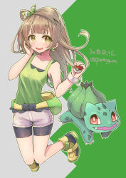 Rule 34 | 10s, 1girl, 2018, absurdres, alternate color, artist name, bad id, bad pixiv id, bike shorts, black shorts, bow, brown eyes, bulbasaur, collarbone, cosplay, creatures (company), dated, earrings, floating hair, full body, game freak, gen 1 pokemon, grey hair, grey shirt, hair bow, hand on own cheek, hand on own face, highres, holding, holding poke ball, jewelry, jumping, legs up, long hair, looking at viewer, love live!, love live! school idol project, may (pokemon), may (pokemon) (cosplay), minami kotori, miyamae porin, nintendo, poke ball, poke ball earrings, pokemon, shirt, short shorts, shorts, shorts under shorts, sleeveless, sleeveless shirt, white shorts