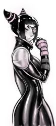 Rule 34 | 1girl, alternate costume, capcom, eyepatch, eymbee, han juri, looking at viewer, monochrome, smile, solo, spot color, street fighter, street fighter v