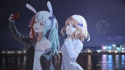 Rule 34 | 2girls, absurdres, alternate costume, animal ears, azur lane, backlighting, blonde hair, blue eyes, cellphone, chinese commentary, cityscape, closed mouth, collared shirt, commentary request, dated, fake animal ears, fireworks, hair ornament, hairpin, highres, jacket, kizuna qing, laffey (azur lane), long sleeves, multiple girls, night, night sky, ocean, open mouth, phone, rabbit ears, red eyes, selfie, shirt, signature, silver hair, sky, skyline, sleeves past wrists, smartphone, smile, star (sky), strap slip, v, water, white shirt, z23 (azur lane)