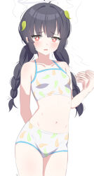 Rule 34 | 1girl, absurdres, bikini, black hair, blue archive, blush, braid, bright pupils, collarbone, commentary, flat chest, halo, highres, leaf, leaf on head, long hair, miyu (blue archive), miyu (swimsuit) (blue archive), navel, official alternate costume, red eyes, solo, stomach, swimsuit, twin braids, white bikini, white pupils, zhyseven