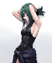 Rule 34 | 1girl, absurdres, adjusting hair, armpits, arms up, breasts, controlline3, counter:side, covered navel, from side, green hair, hair tie in mouth, highres, laika (counter:side), medium breasts, mouth hold, shiny clothes, sideboob, solo, sweat, yellow eyes