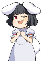 Rule 34 | 1girl, :d, animal ears, black hair, blush, commentary request, cowboy shot, dress, flat chest, floppy ears, highres, hospital king, inaba tewi, looking at viewer, medium bangs, one eye closed, open mouth, puffy short sleeves, puffy sleeves, rabbit ears, rabbit girl, rabbit tail, red eyes, ribbon-trimmed sleeves, ribbon trim, short hair, short sleeves, simple background, smile, solo, tail, touhou, white background, white dress, yukkuri shiteitte ne