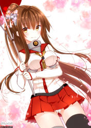 Rule 34 | 10s, 1girl, bad id, bad pixiv id, blush, breasts, brown eyes, brown hair, cherry blossoms, dated, detached sleeves, flower, hair flower, hair ornament, kantai collection, long hair, looking at viewer, oil-paper umbrella, personification, ponytail, signature, skirt, smile, solo, thighhighs, twitter username, umbrella, very long hair, yadapot, yamato (kancolle)