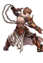 Rule 34 | 10s, 1boy, alpha transparency, animal print, armor, armored boots, back, boots, brown eyes, brown hair, chain, circlet, fighting stance, from behind, full body, gauntlets, gran (granblue fantasy), granblue fantasy, legs apart, looking afar, male focus, minaba hideo, nagatekkou, official art, ogre (granblue fantasy), topless male, side slit, solo, tiger print, transparent background, wide stance, zebra print
