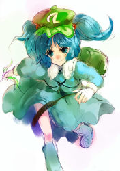 Rule 34 | 1girl, backpack, bag, blue eyes, blue hair, boots, cucumber, female focus, hair bobbles, hair ornament, hat, kawashiro nitori, key, matching hair/eyes, nokishita, non-web source, short hair, short twintails, simple background, sketch, smile, solo, touhou, twintails, two side up
