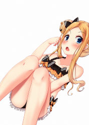 Rule 34 | 1girl, abigail williams (emerald float) (fate), abigail williams (fate), bare shoulders, bikini, black bikini, black bow, blonde hair, blue eyes, blush, bow, collarbone, double bun, emerald float, fang, fate/grand order, fate (series), forehead, frilled bikini, frills, hair bow, hair bun, highres, knees up, legs, long hair, looking at viewer, official alternate costume, open mouth, orange bow, parted bangs, simple background, sitting, solo, striped, striped bow, swimsuit, thighs, white background, zhai mu q