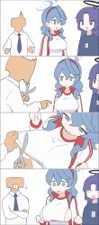 Rule 34 | 1boy, 2girls, 4koma, absurdres, ako (blue archive), blue archive, blue eyes, blue hair, breasts, clothing cutout, comic, commentary, cowlick, cutting, cutting clothes, dog tags, eating clothes, gym uniform, hairband, halo, highres, hong hongcha, jacket, large breasts, light blue hair, long hair, medium hair, multicolored clothes, multicolored jacket, multiple girls, necktie, official alternate costume, open clothes, open jacket, pointing, ponytail, red hairband, red jacket, scissors, sensei (blue archive), shirt, sideboob, sideboob cutout, sidelocks, silent comic, simple background, track jacket, triangle mouth, two-tone jacket, upper body, white background, white jacket, white shirt, yuuka (blue archive), yuuka (track) (blue archive)