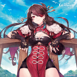 Rule 34 | 1girl, absurdres, beidou (genshin impact), bird, blue sky, bottle, breasts, brown hair, cleavage, cloud, colored eyepatch, copyright name, dress, earrings, eyepatch, fingerless gloves, from below, fur collar, genshin impact, gloves, hair ornament, hair stick, highres, hitoto, jewelry, large breasts, long hair, looking at viewer, official art, one eye covered, pelvic curtain, railing, red dress, red eyes, single earring, sky, smile, solo, thighs