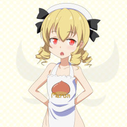 Rule 34 | 1girl, apron, arms behind back, bare arms, bare shoulders, blonde hair, cato (monocatienus), chestnut, chestnut mouth, collarbone, drill hair, fairy wings, flat chest, hands on own hips, hat, looking at viewer, luna child, naked apron, pink eyes, romaji text, solo, touhou, wings