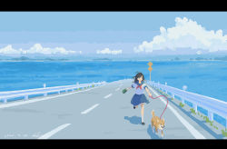 Rule 34 | 1girl, :o, animal, ao fujimori, arrow (symbol), backlighting, black eyes, black footwear, black hair, blouse, blue sailor collar, blue skirt, blue sky, cloud, cloudy sky, dated, dog, pet walking, floating hair, holding, holding leash, horizon, kneehighs, leash, leg up, letterboxed, loafers, long hair, looking at viewer, mountainous horizon, neckerchief, no lineart, ocean, open mouth, original, outdoors, outstretched arms, pet, pleated skirt, railing, red neckerchief, road, road sign, running, sailor collar, scenery, school uniform, serafuku, shadow, shiba inu, shirt, shoes, short sleeves, sign, signature, skirt, sky, sleeve cuffs, socks, solo, straight-on, straight hair, street, swept bangs, water, white shirt, white socks, wide shot, wind
