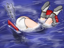 Rule 34 | 10s, 1girl, ass, boots, bubble, diving, kantai collection, legs, maru-yu (kancolle), ocean, one-piece swimsuit, opapyon, partially submerged, school swimsuit, solo, swimsuit, text focus, thighs, top-down bottom-up, translation request, water, white one-piece swimsuit, white school swimsuit