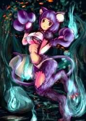 Rule 34 | 1girl, animal ears, breasts, cat ears, cat paws, cat tail, green eyes, highres, hitodama, large breasts, md5 mismatch, navel, original, panties, paws, purple hair, ribs, short hair, solo, tail, tenteco (covamin), underboob, underwear